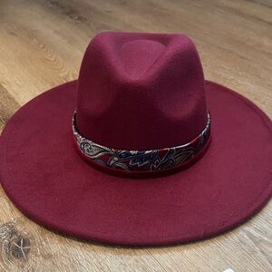 Burgundy rancher hat with custom hat band